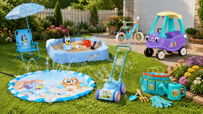 Bluey outdoor toys featured image showing a splash mat, sandbox, bubble mower, ride-on car, balance bike, beach chair, and gardening set in a sunny backyard
