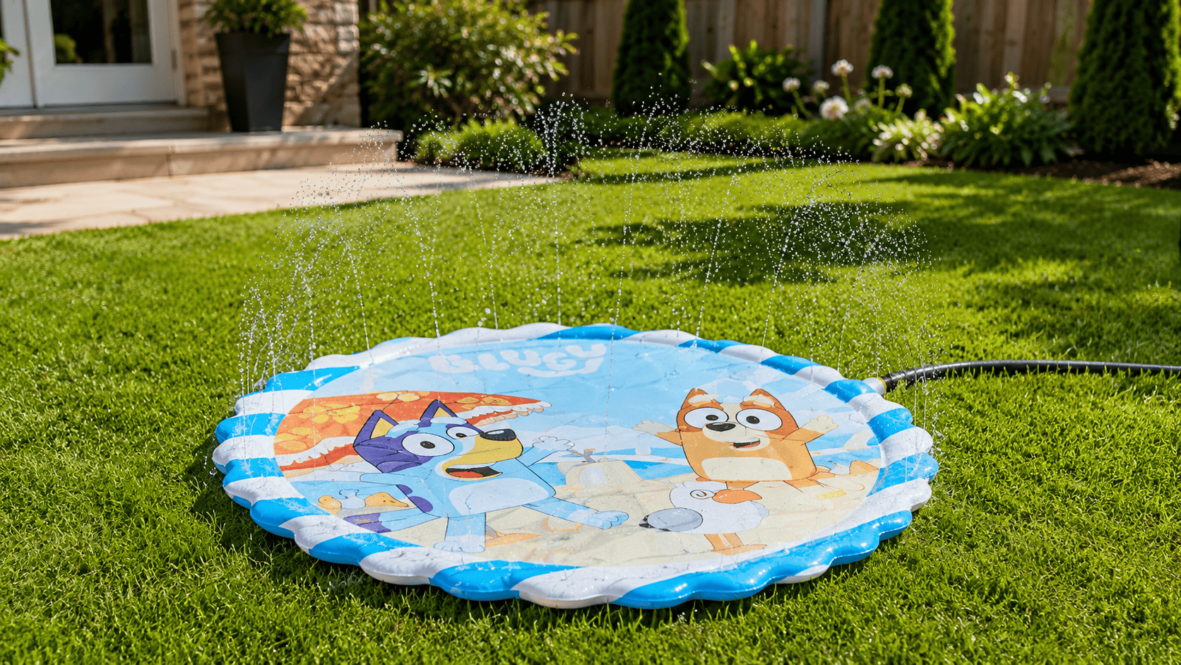 Bluey Splash Mat spraying water on a sunny backyard lawn