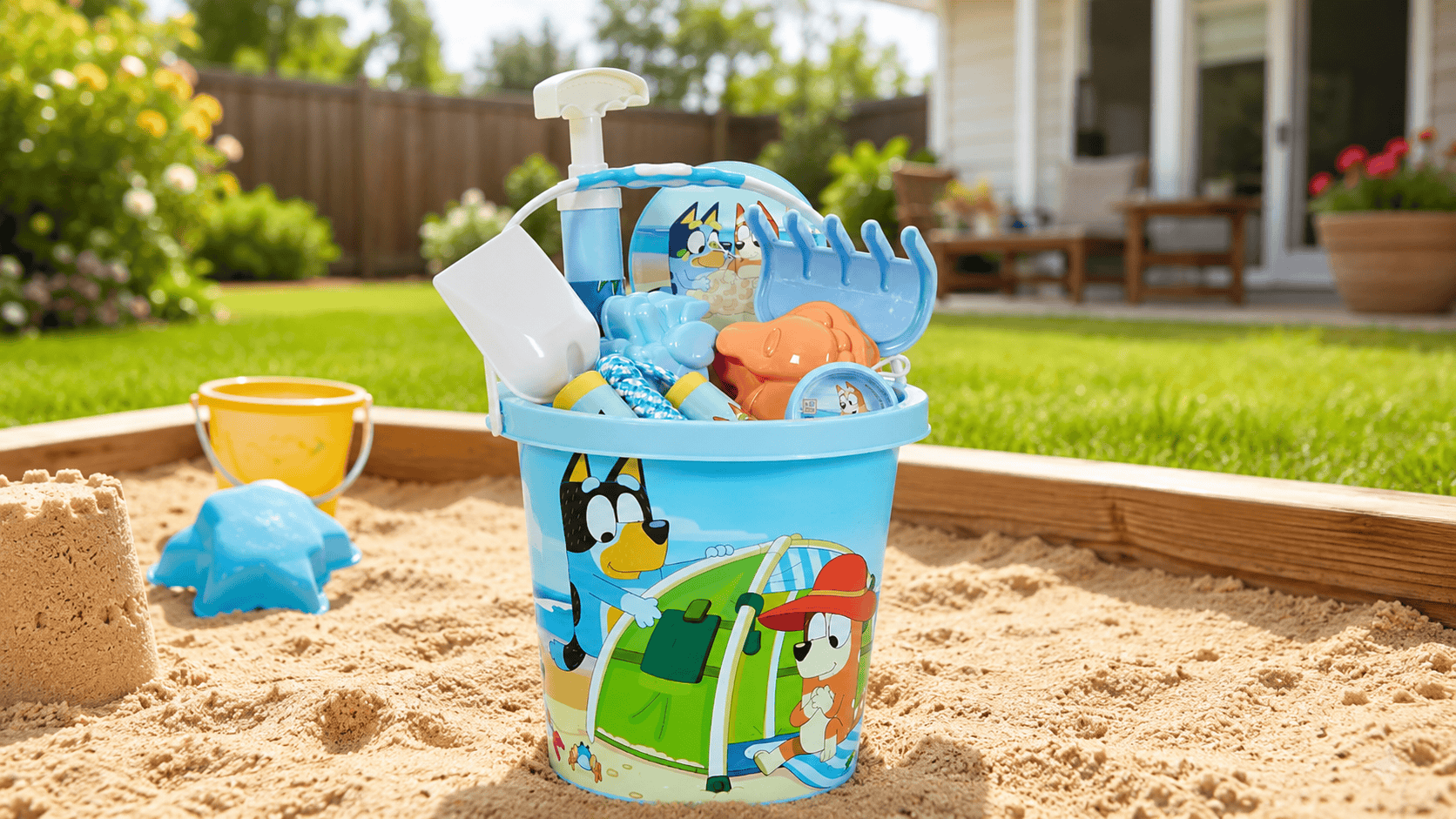 Little Kids Bluey beach toys set in a sunny backyard sandbox