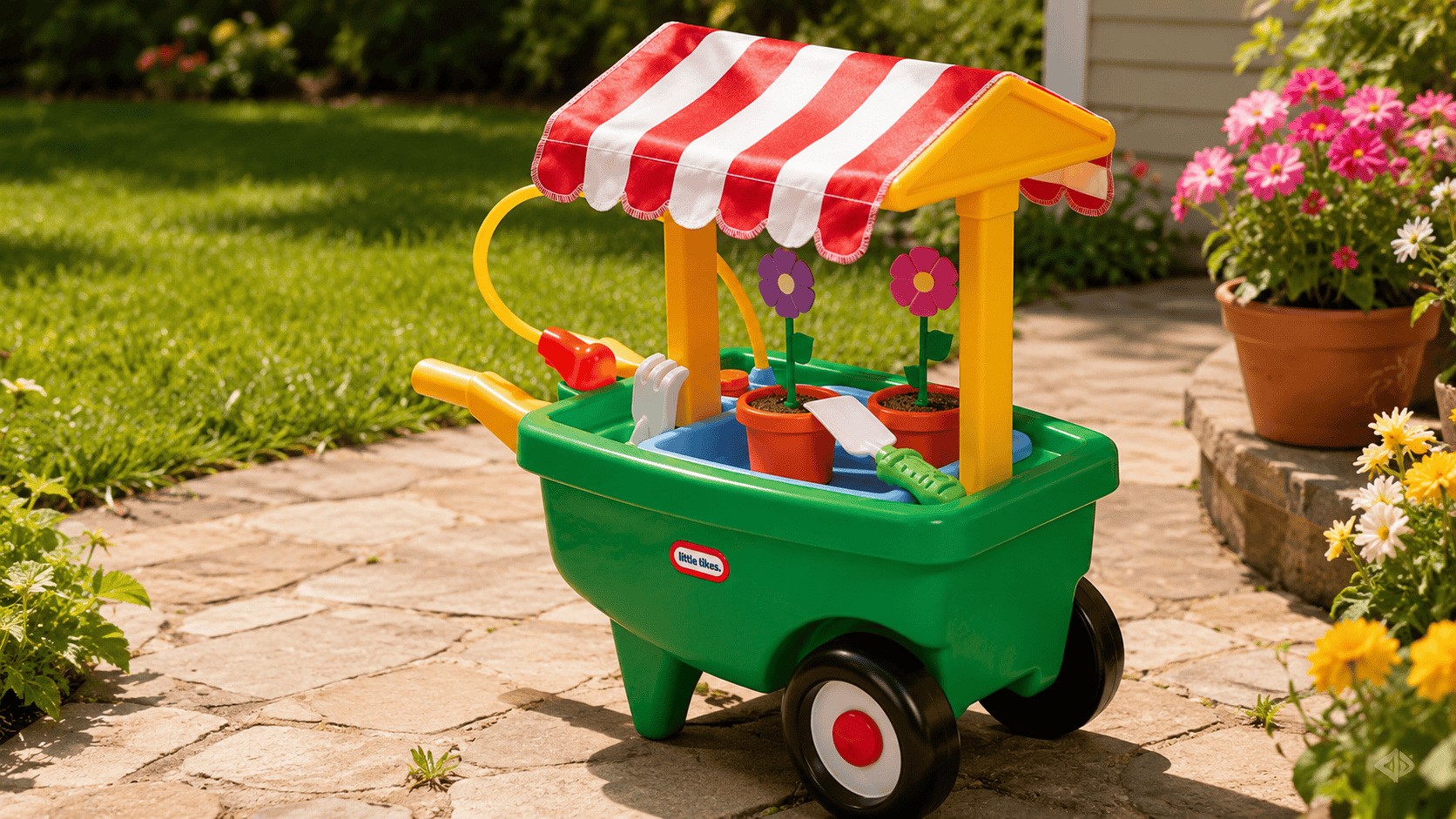 Little Tikes 2-in-1 Garden Cart and Wheelbarrow with toy flowers and gardening tools in a sunny backyard.