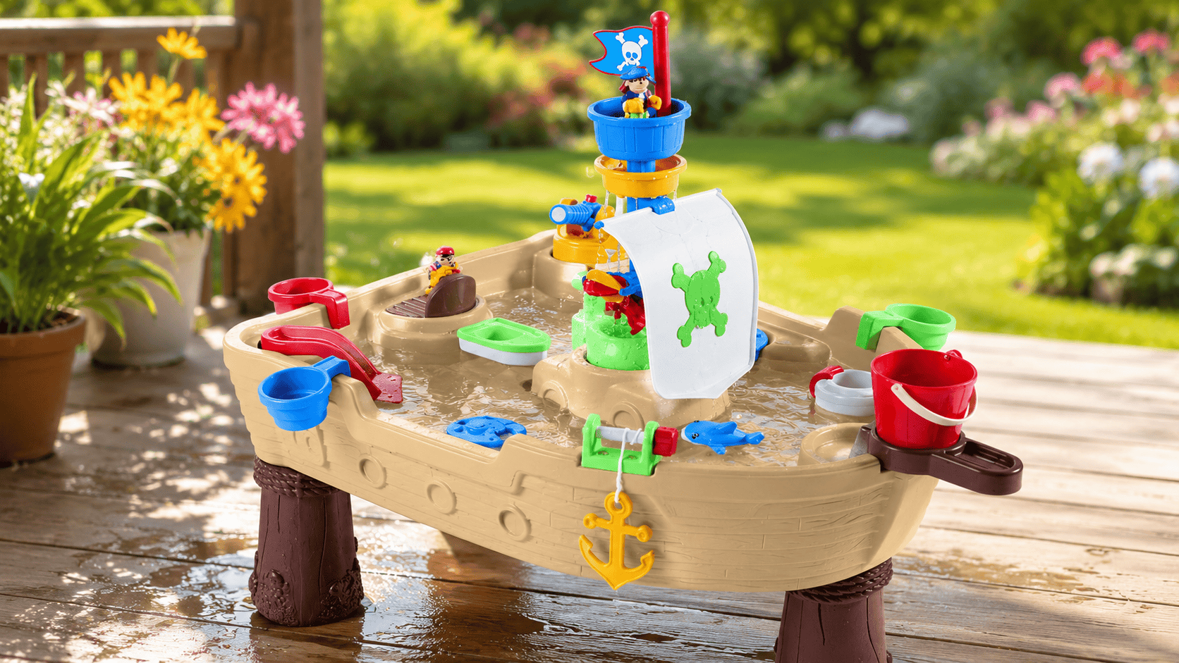 Little Tikes Anchors Away Pirate Ship Water Table set up outdoors on a sunny backyard deck