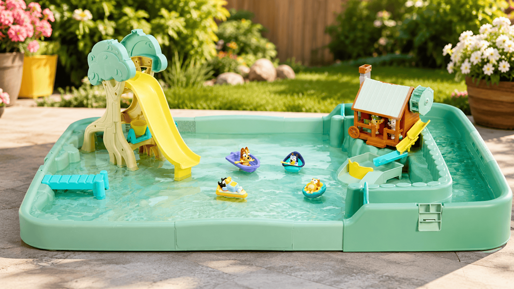 Little Tikes Bluey Adventure Water Table set up outdoors on a sunny backyard patio