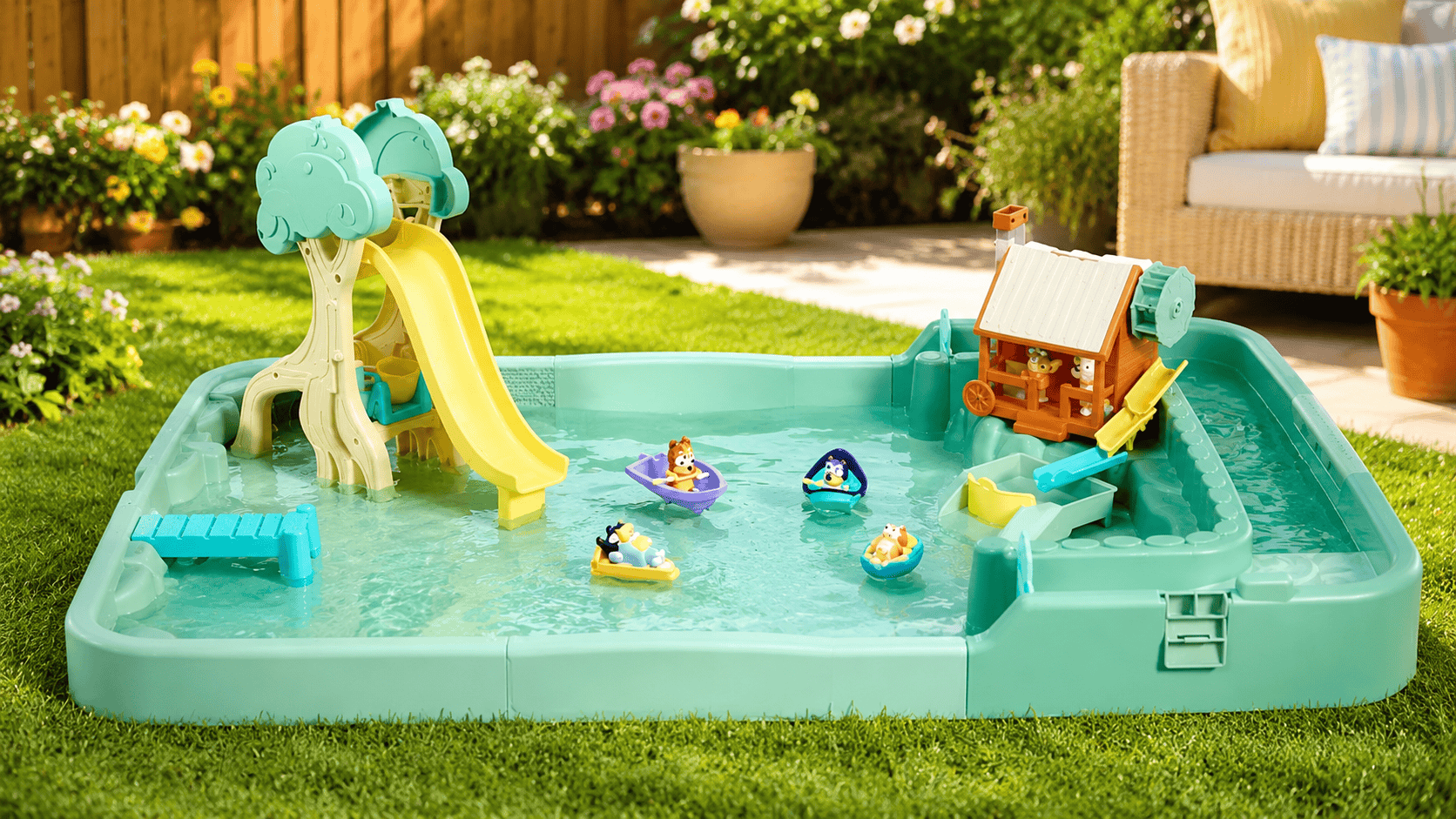 Little Tikes Bluey Bushland Adventure water playset in a sunny backyard with water, slide, and floating character boats