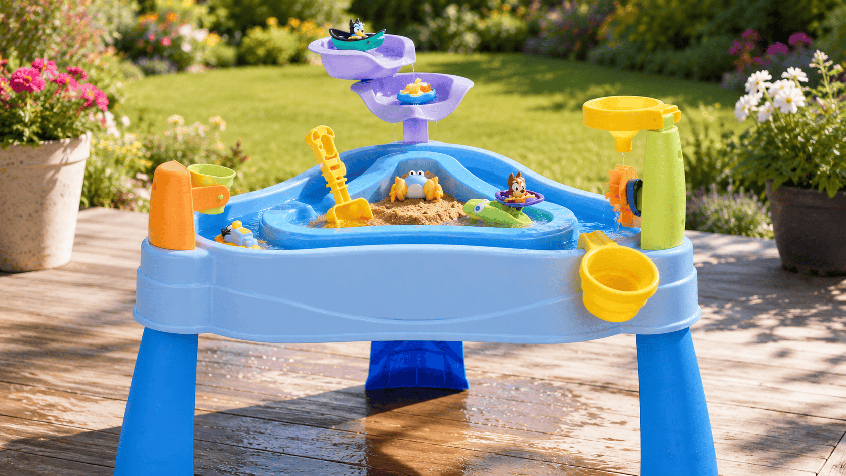 Little Tikes Bluey Water Table set up outdoors with water on a sunny backyard deck