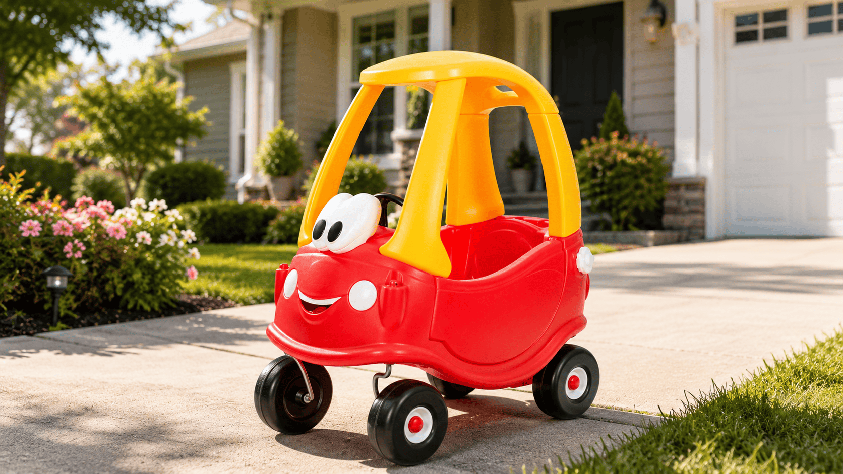 Little Tikes Cozy Coupe toy car on a sunny driveway outside a family home with grass and flowers nearby