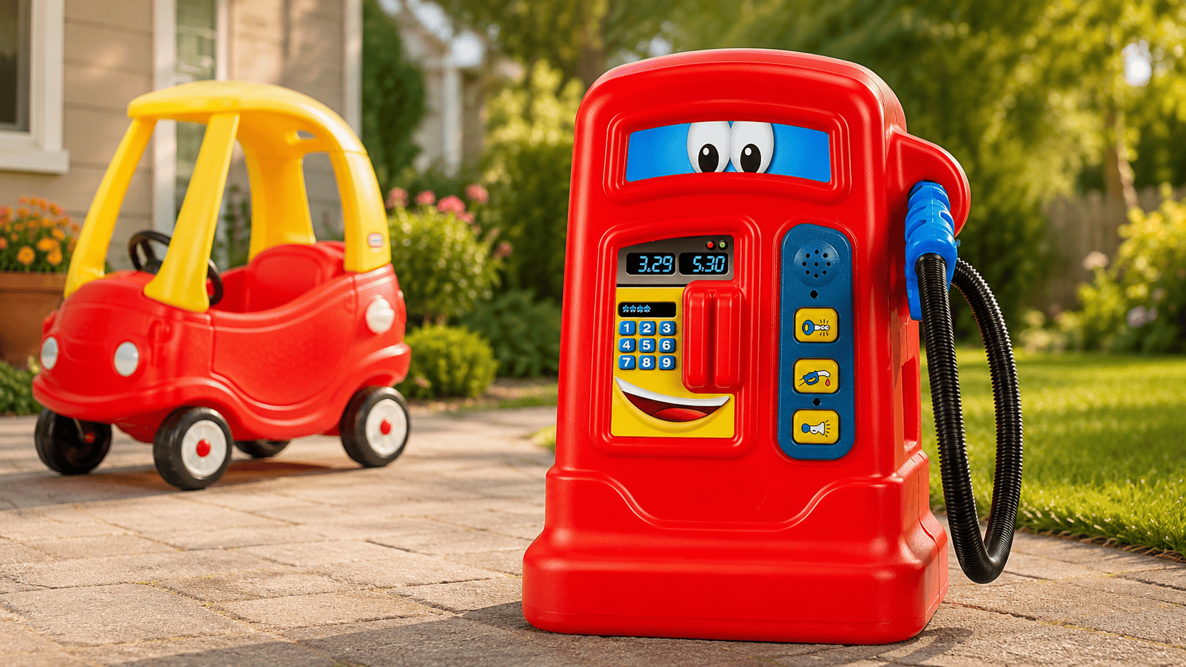 Little Tikes Cozy Pumper toy gas pump on a sunny patio with a Cozy Coupe ride-on car in the background