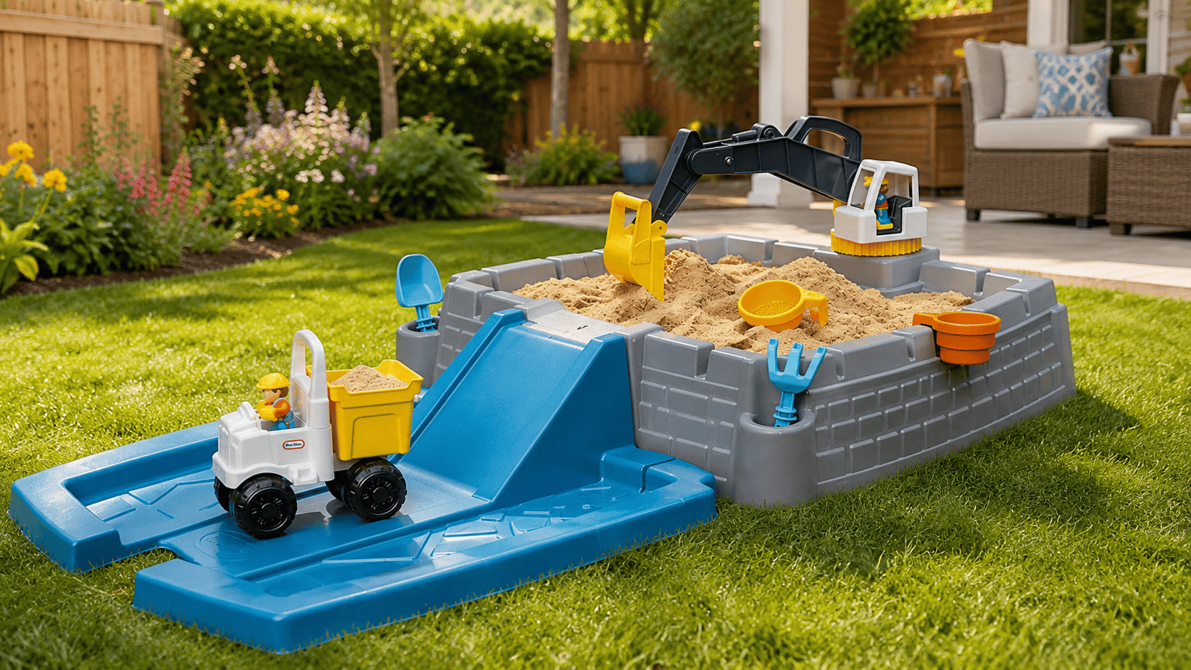 Little Tikes Dirt Diggers Excavator Sandbox filled with sand and construction toys in a sunny backyard