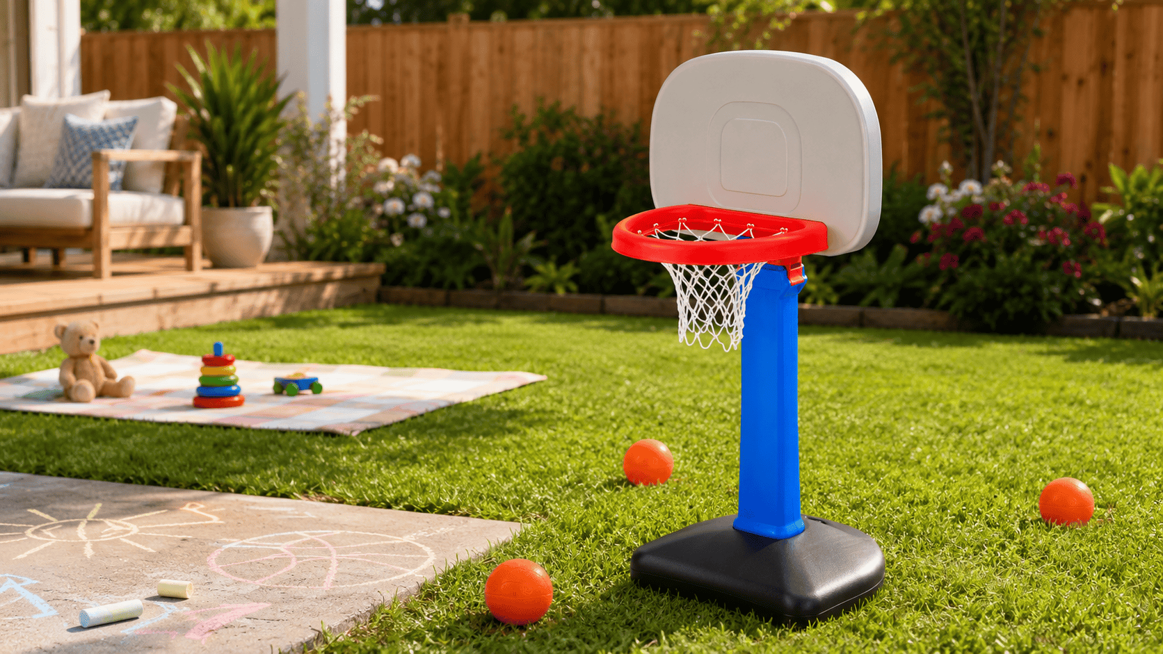 Little Tikes Easy Score Basketball Set on grass in a sunny backyard with orange balls and outdoor play toys nearby