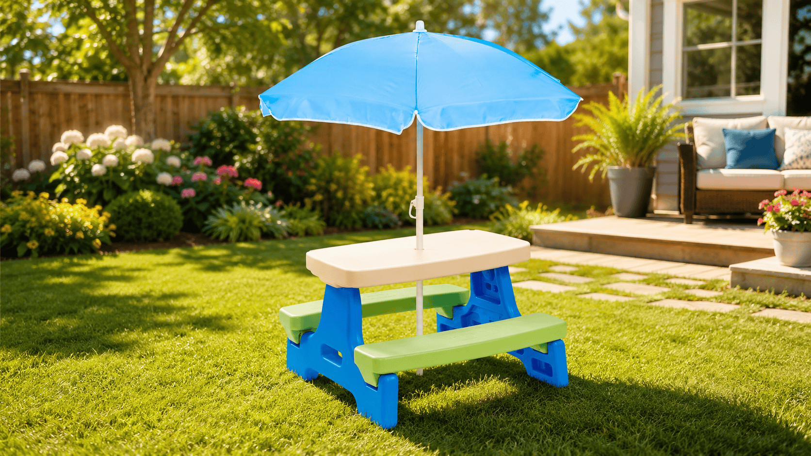 Little Tikes Easy Store Jr. Picnic Table with Umbrella on green grass in a sunny backyard with patio seating and garden flowers nearby