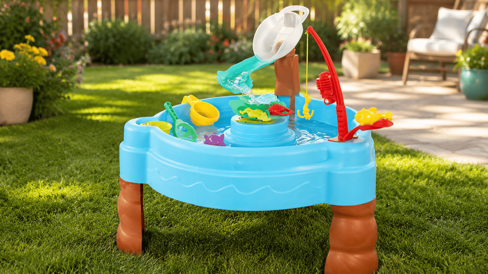 Little Tikes Fish n Splash Water Table filled with water and toys in a sunny backyard on green grass