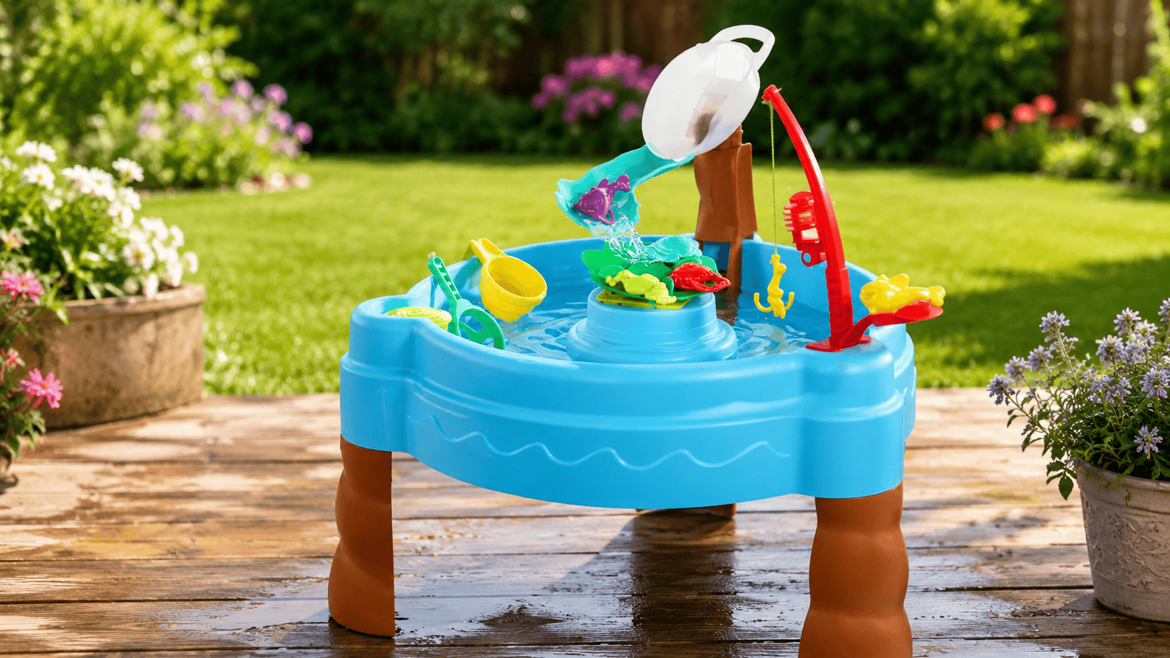 Little Tikes Fish n Splash Water Table set up outdoors on a sunny backyard deck