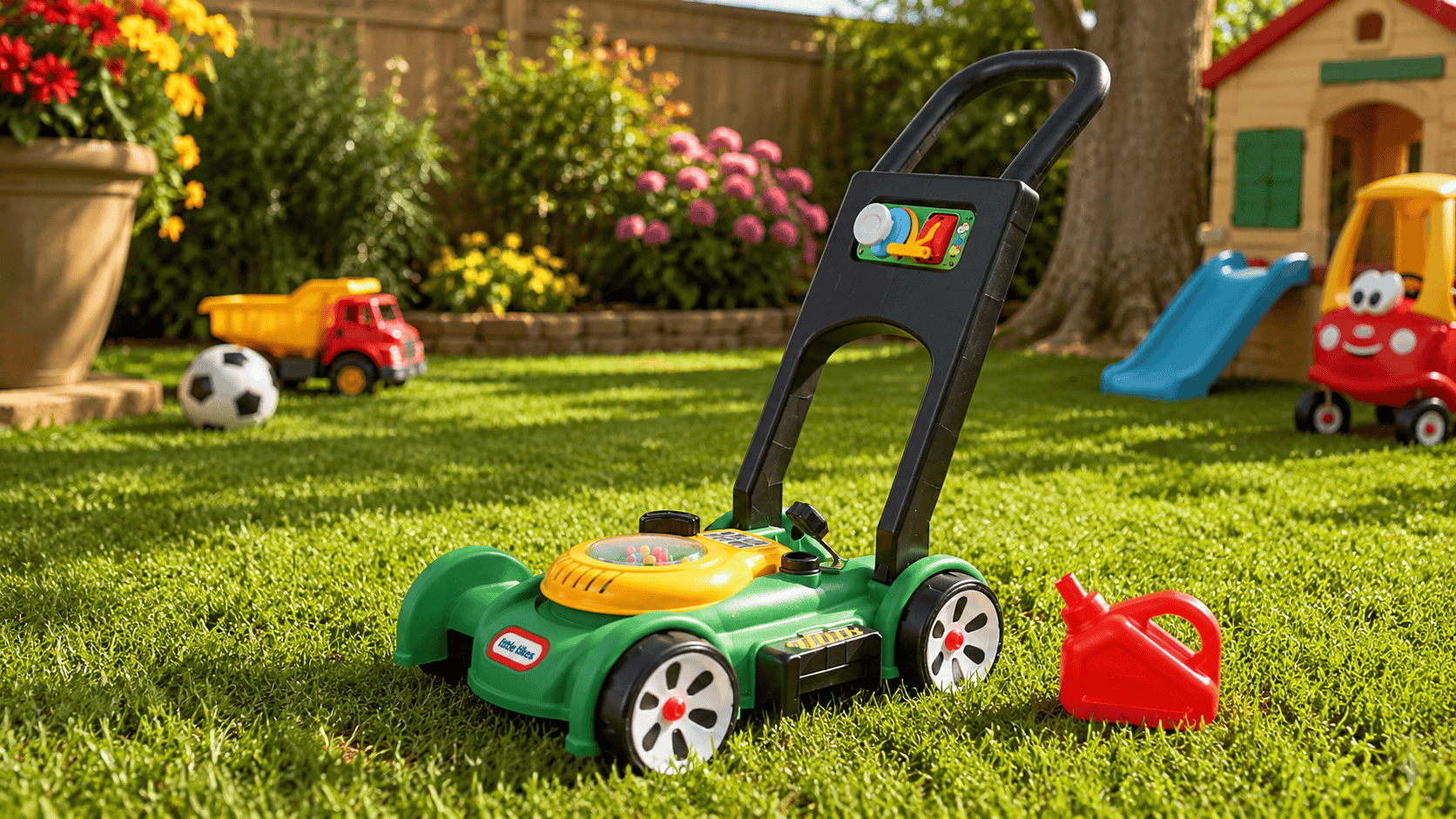 Little Tikes Gas n Go Mower toy on green grass in a sunny backyard with a red gas can and outdoor toys nearby