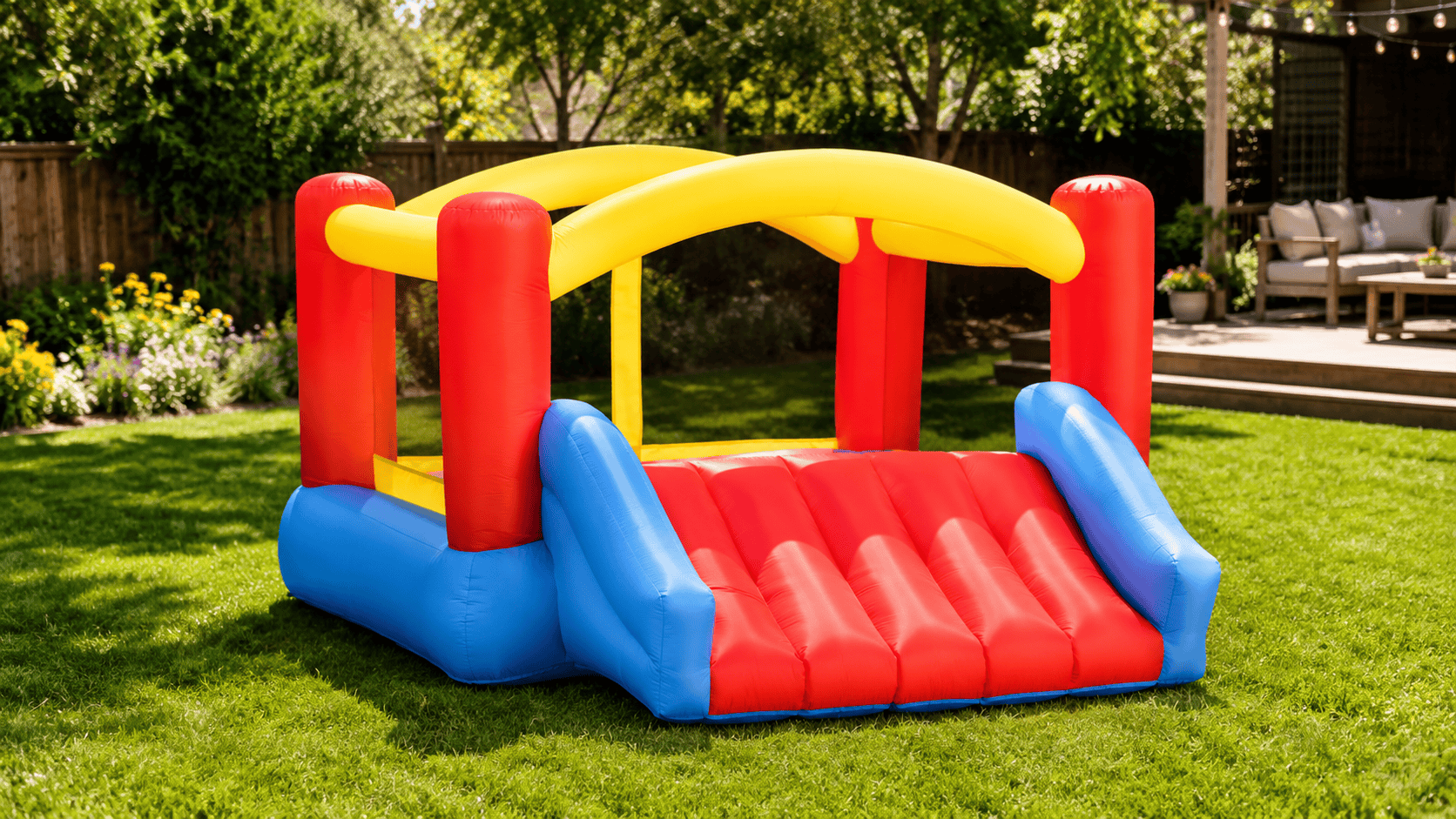 Little Tikes Jump n Slide Inflatable Bouncer set up on green grass in a sunny backyard with patio seating nearby