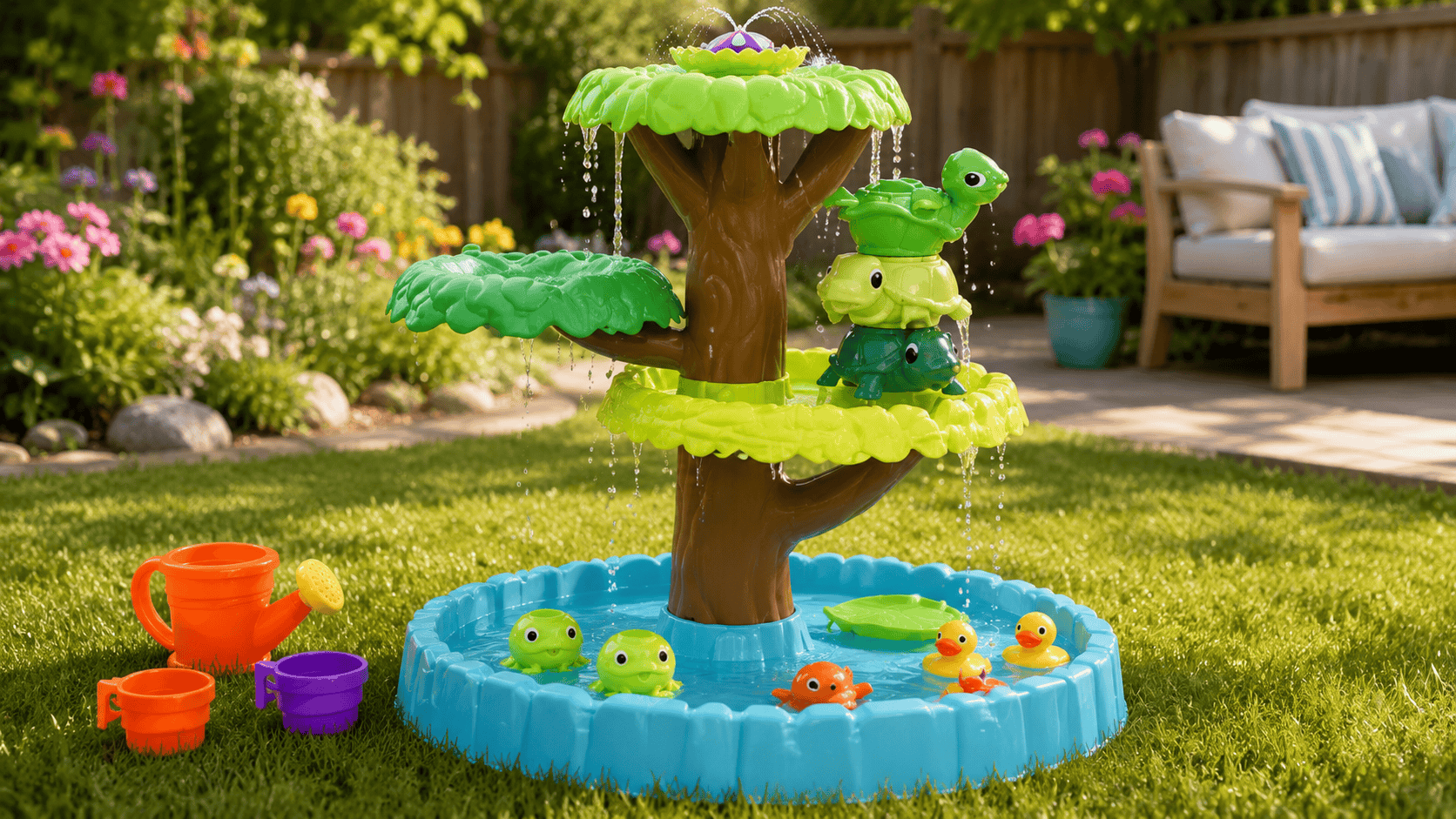 Little Tikes Magic Flower Water Table with blooming flower feature, turtles, frogs, and ducks in a sunny backyard with water play accessories nearby