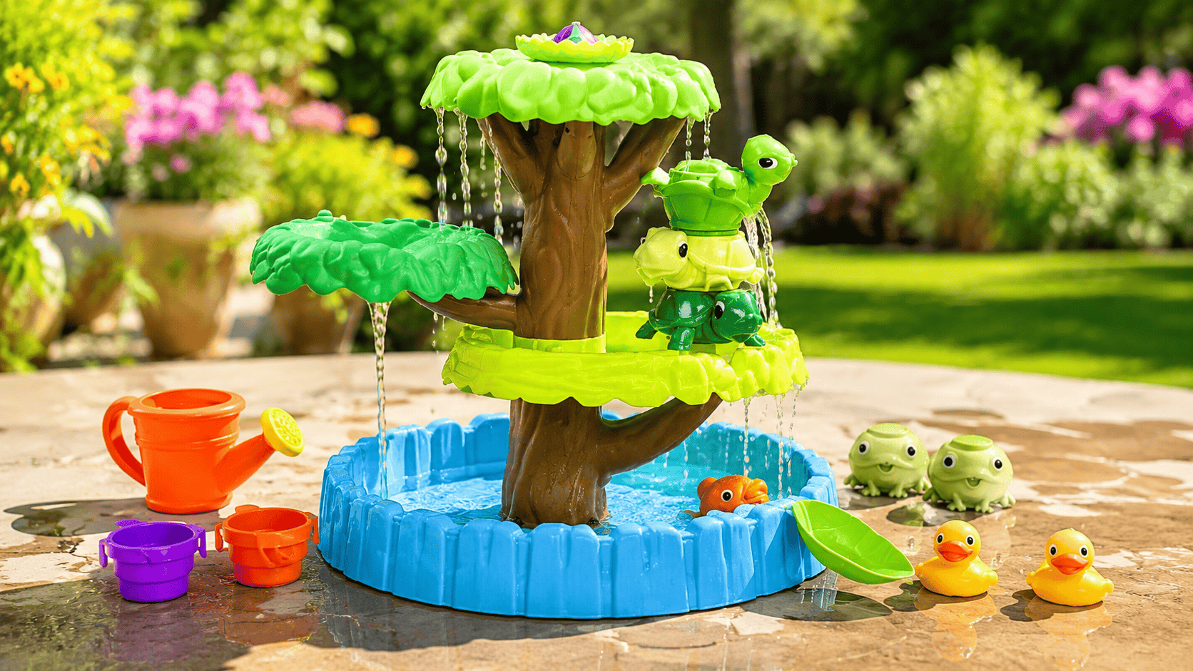 Little Tikes Magic Flower Water Table with Blooming Flower set up outdoors with water and toy accessories