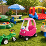 Featured image showing Little Tikes outdoor toys in a sunny backyard, including a basketball hoop, picnic table, bounce house, sandbox, ride-on car, tractor, water table, and trampoline