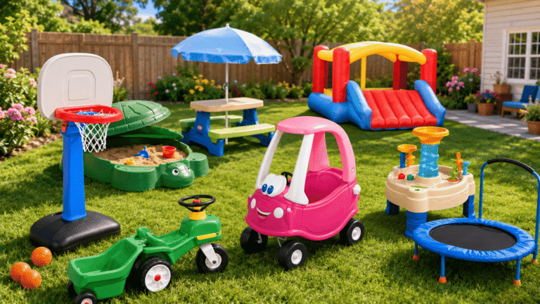 Featured image showing Little Tikes outdoor toys in a sunny backyard, including a basketball hoop, picnic table, bounce house, sandbox, ride-on car, tractor, water table, and trampoline