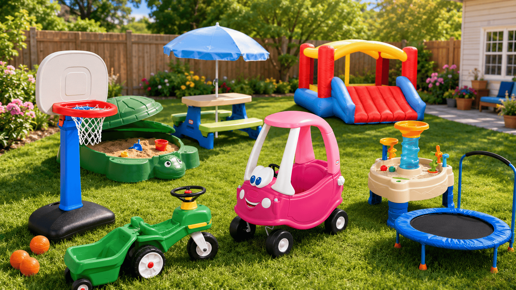 Featured image showing Little Tikes outdoor toys in a sunny backyard, including a basketball hoop, picnic table, bounce house, sandbox, ride-on car, tractor, water table, and trampoline