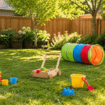 Generic outdoor toys for toddlers arranged in a sunny backyard