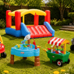 Little Tikes Outdoor Toys for Toddlers featured image showing a Cozy Coupe, bounce house, water table, garden cart, and Cozy Truck in a sunny backyard.