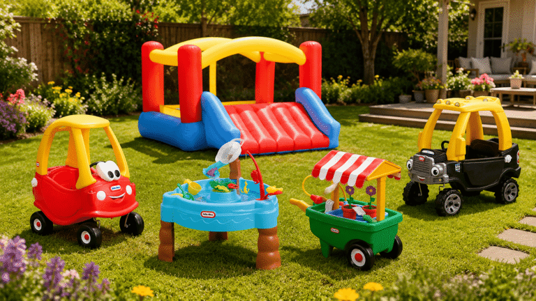 Little Tikes Outdoor Toys for Toddlers featured image showing a Cozy Coupe, bounce house, water table, garden cart, and Cozy Truck in a sunny backyard.