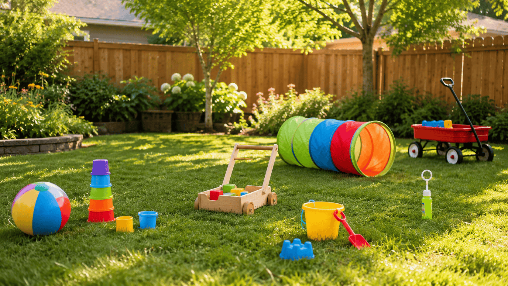 Generic outdoor toys for toddlers arranged in a sunny backyard