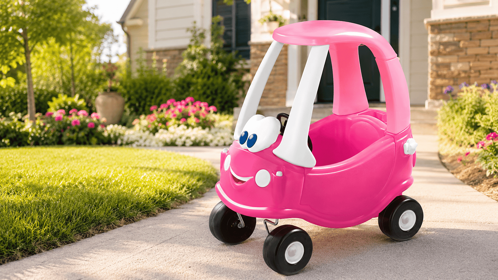 Little Tikes Princess Cozy Coupe ride-on toy car on a sunny driveway beside a lawn and colorful summer flowers