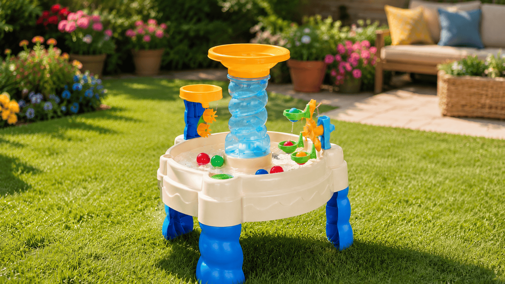 Little Tikes Spiralin Seas Waterpark Play Table with water and colorful balls in a sunny backyard