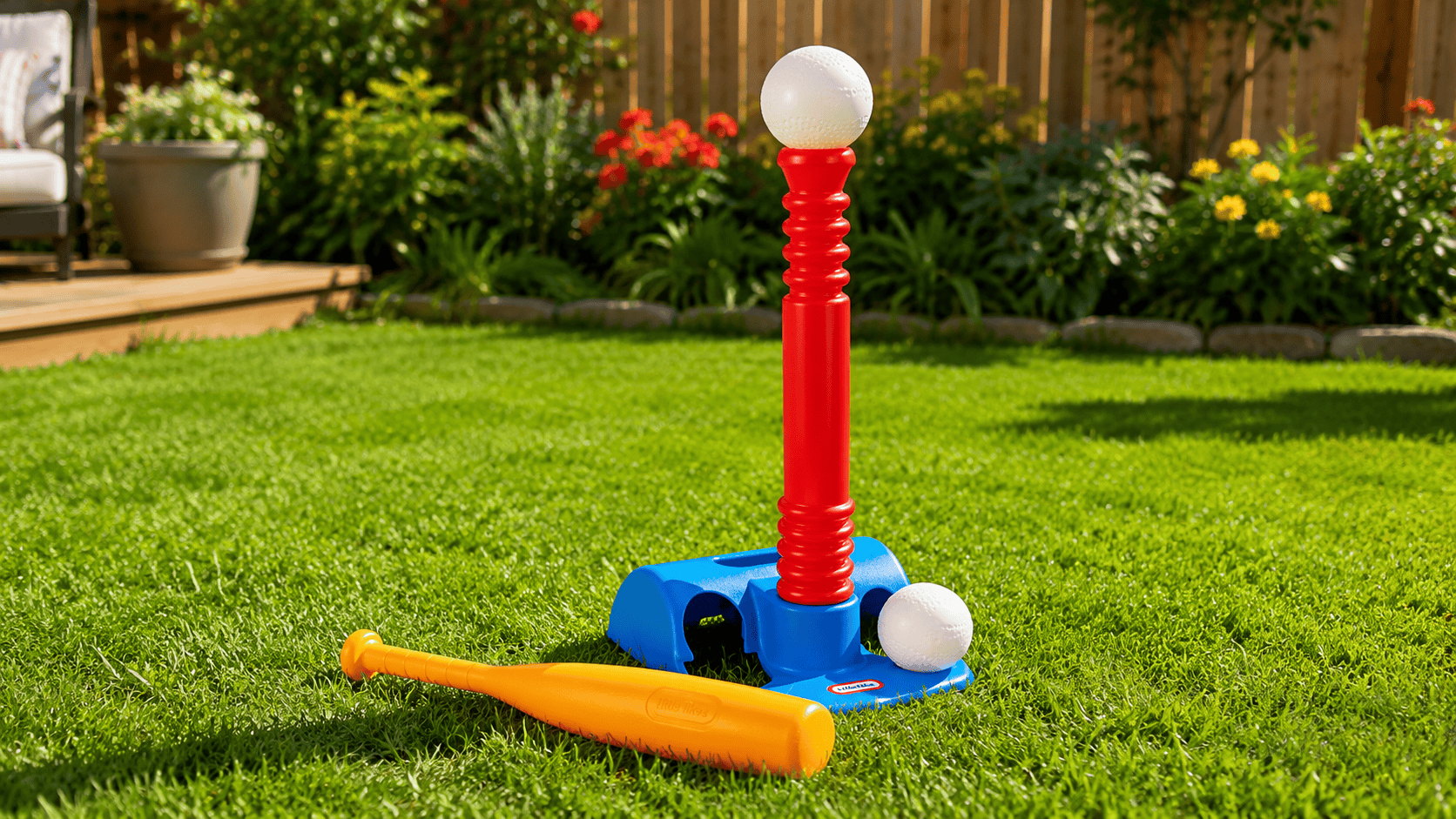 Little Tikes T-Ball Set on green grass in a sunny backyard with a bat, tee, and balls