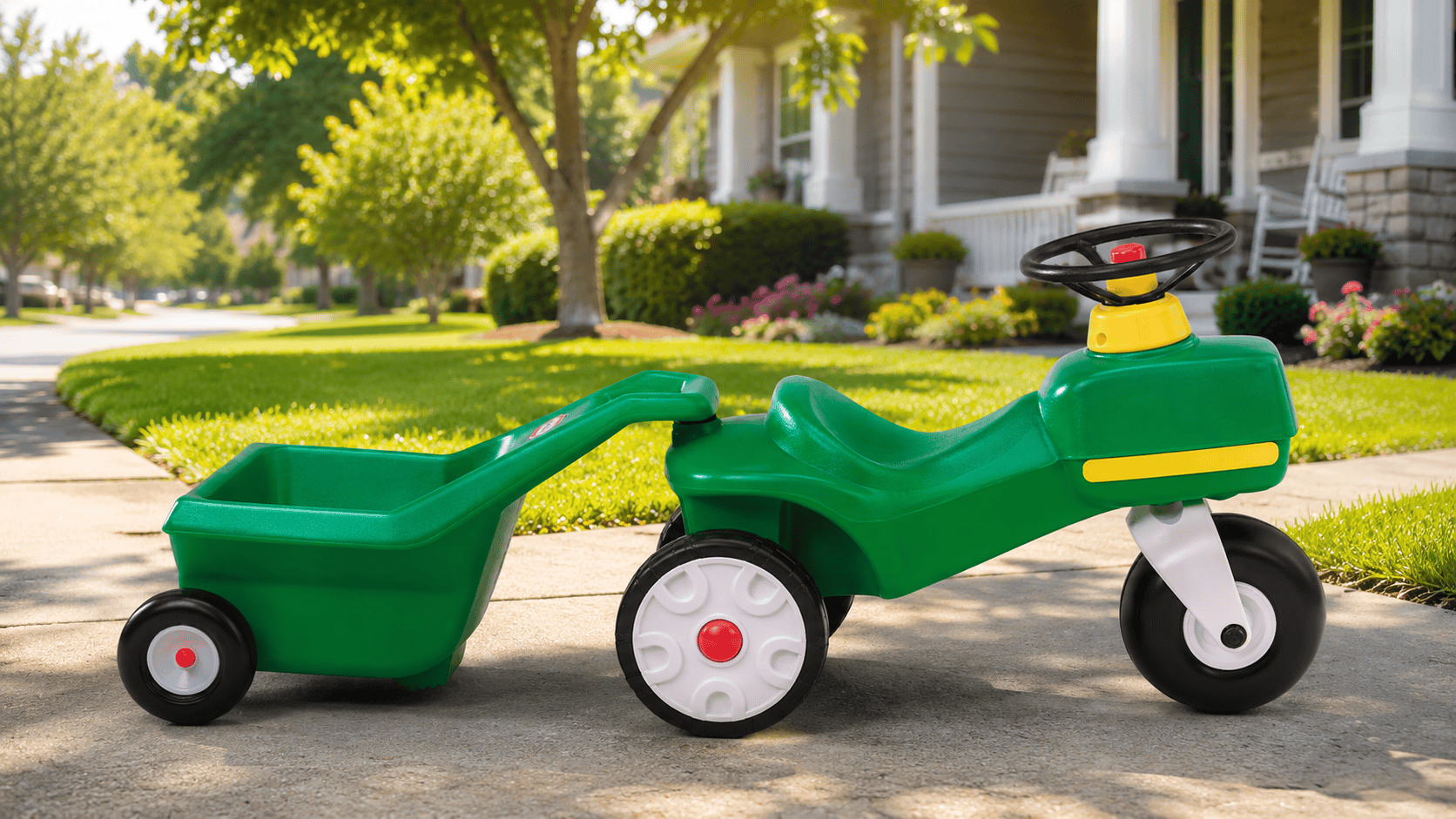 Little Tikes Tractor and Cart ride-on toy on a sunny neighborhood driveway with green lawns and houses in the background