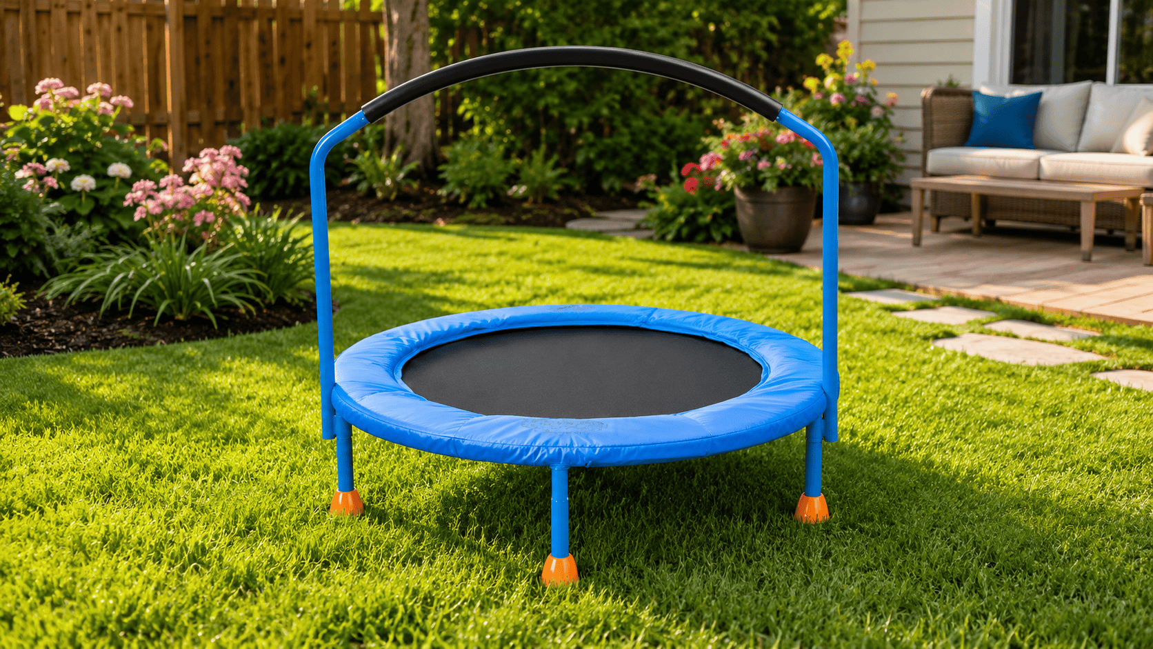 Little Tikes trampoline on green grass in a sunny backyard with flowers and patio seating nearby