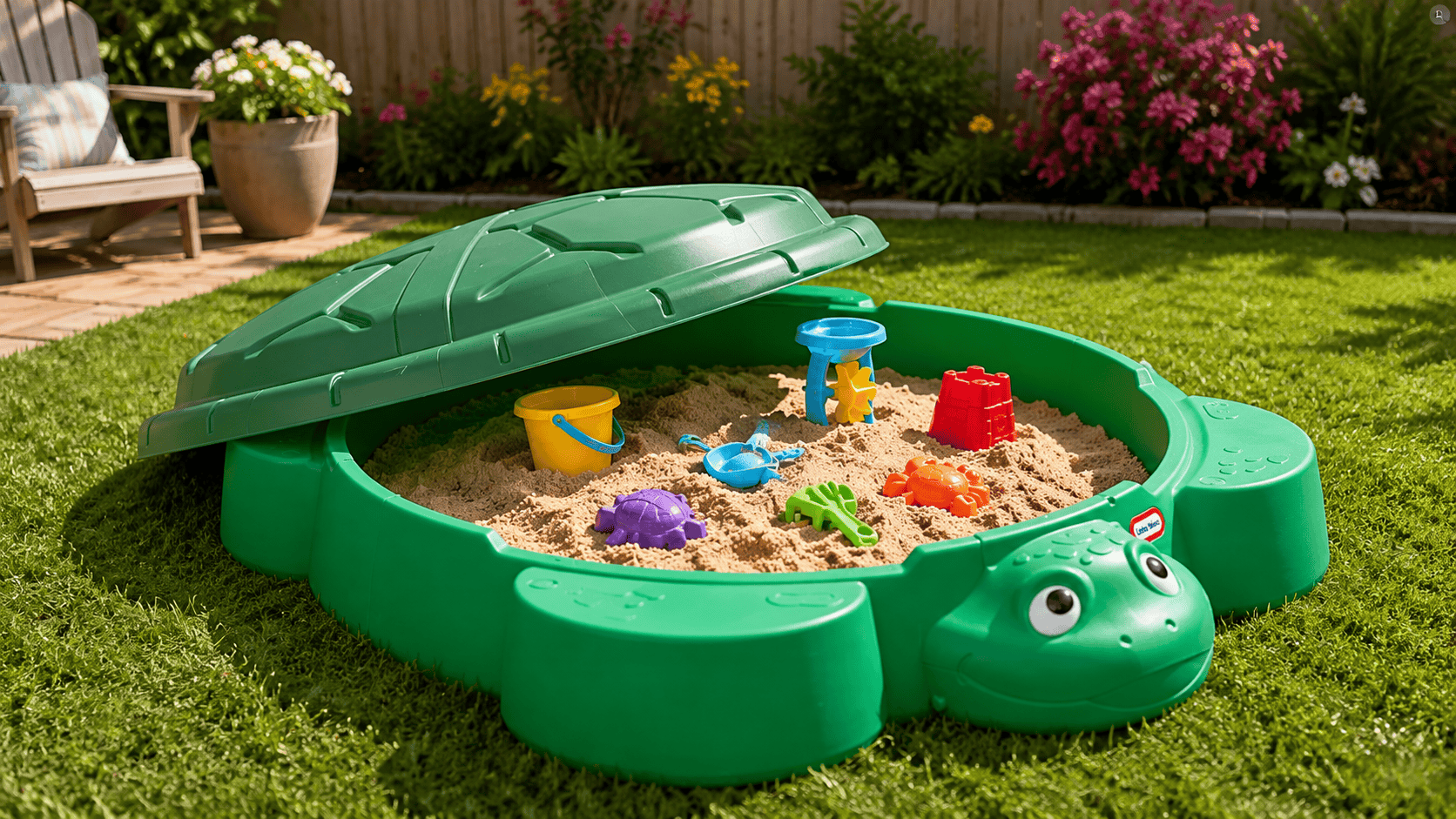 Little Tikes Turtle Sandbox filled with sand and colorful toys in a sunny backyard with grass and flowers