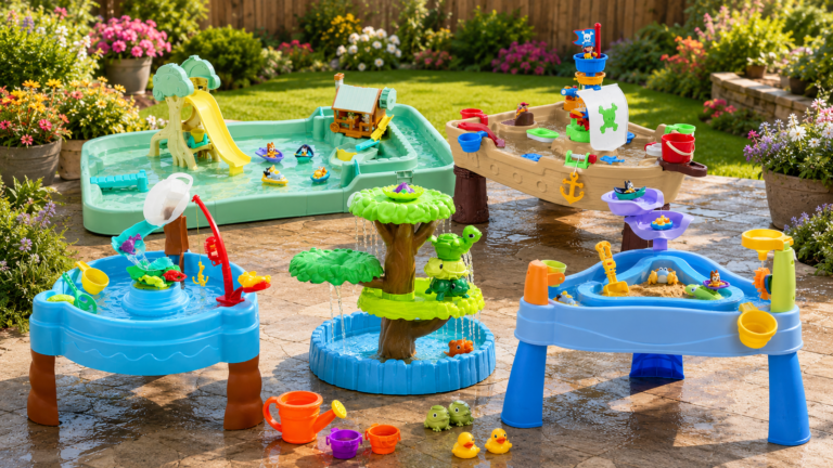 Little Tikes water tables set up outdoors on a sunny backyard patio with water and play accessories