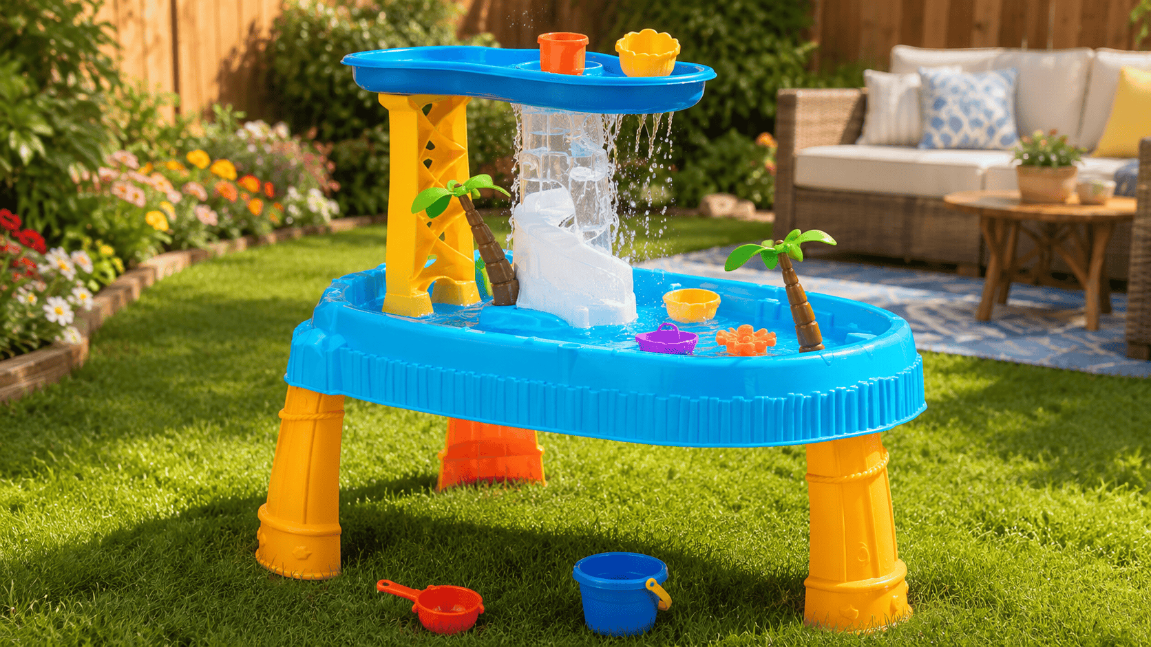 Little Tikes Waterfall Island Water Table with flowing water and play accessories in a sunny backyard