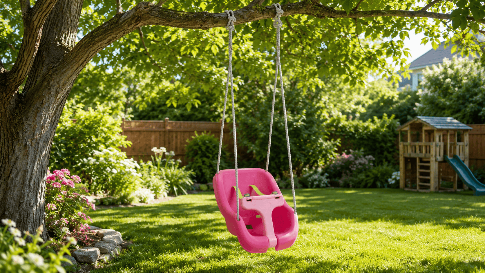 Pink toddler bucket swing hanging from a tree in a sunny backyard with green grass and garden landscaping