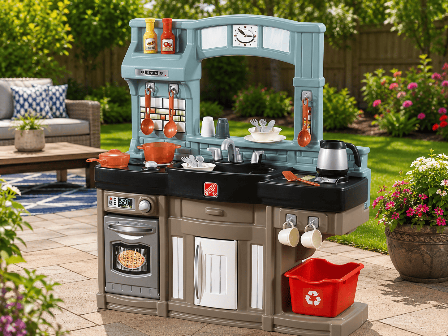 Step2 Best Chefs Kids Kitchen Playset set up on a sunny backyard patio with pretend cooking accessories, flowers, green grass, and outdoor seating