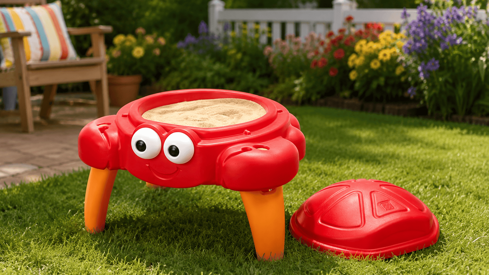 Step2 Crabbie Sand Table set up in a sunny backyard with sand inside, green grass, and colorful garden flowers