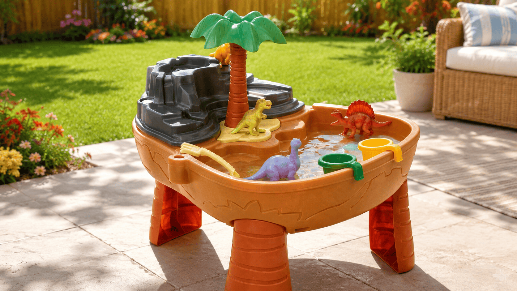 Step2 Dino Dig Sand and Water Table set up outdoors in a sunny backyard with dinosaur toys and water in the play basin