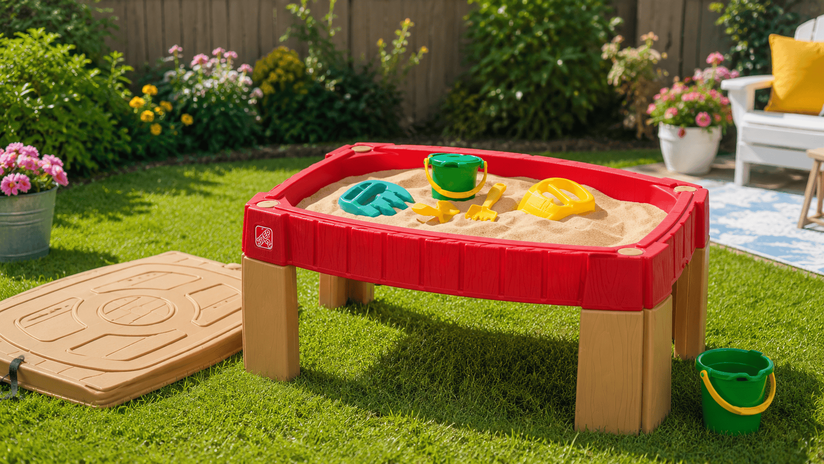 Step2 Naturally Playful Sand Table set up in a sunny backyard with sand toys, a bucket, green grass, and colorful garden flowers