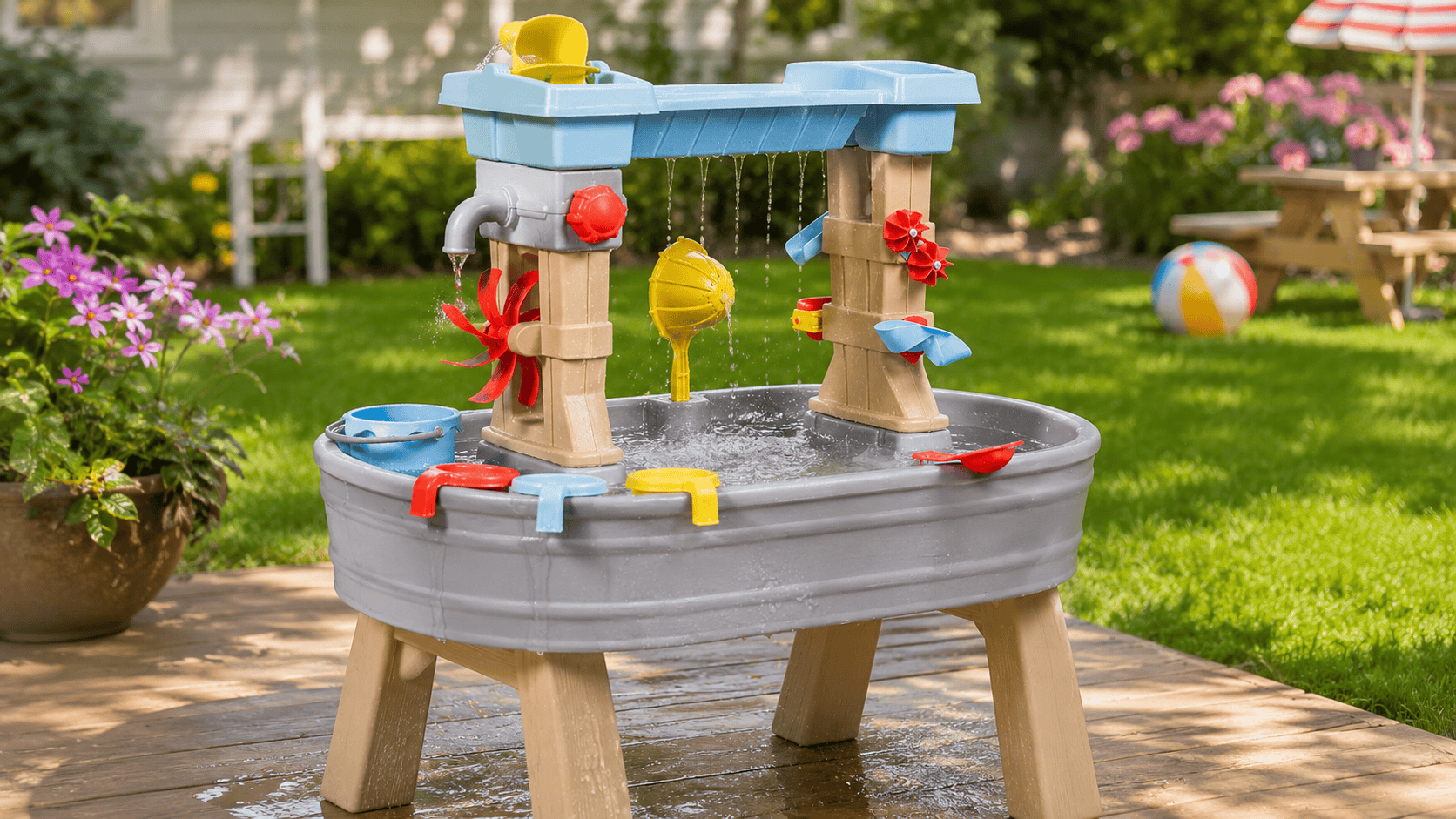 Step2 Rain Showers & Flow Kids Water Table outdoors in a sunny backyard with water flowing through the play features