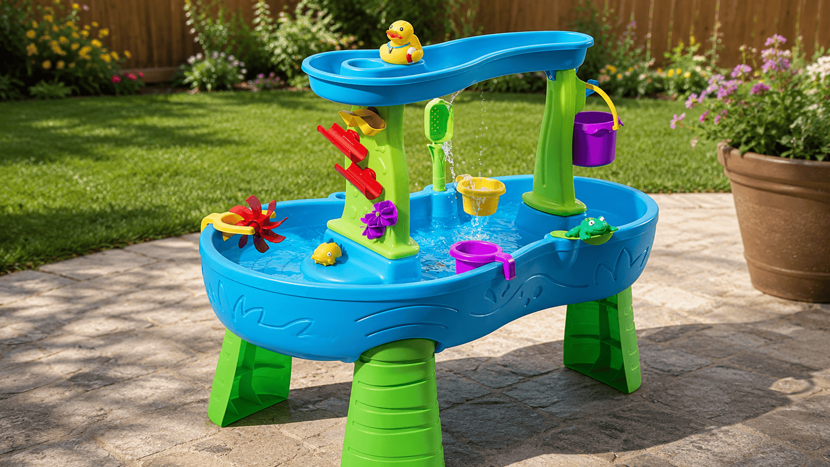 Step2 Rain Showers Splash Pond Water Table set up outdoors in a sunny backyard with water flowing through the play features