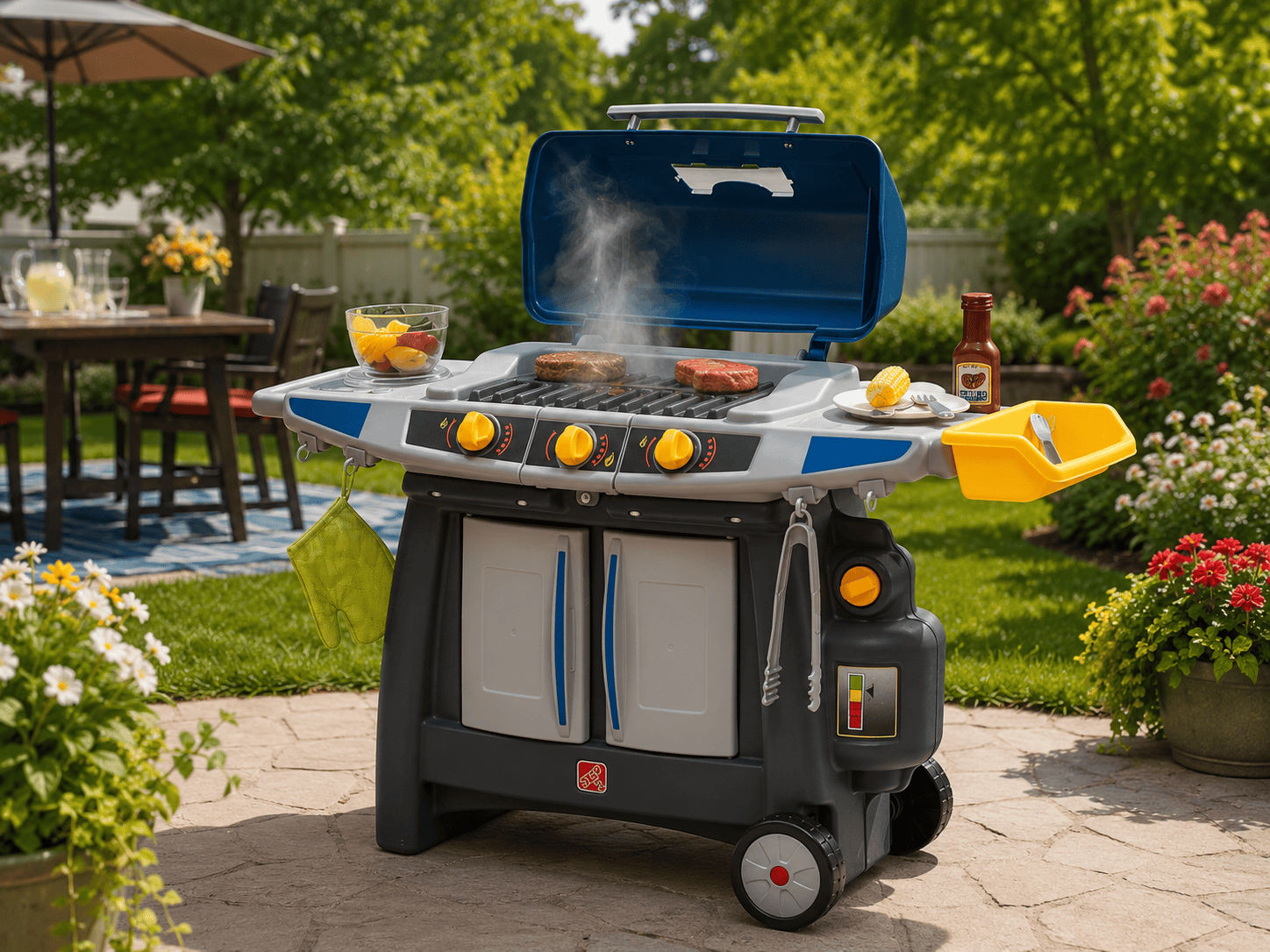 Step2 Sizzle & Smoke BBQ Grill Playset set up on a sunny backyard patio with pretend food, grill smoke, flowers, and summer outdoor dining in the background