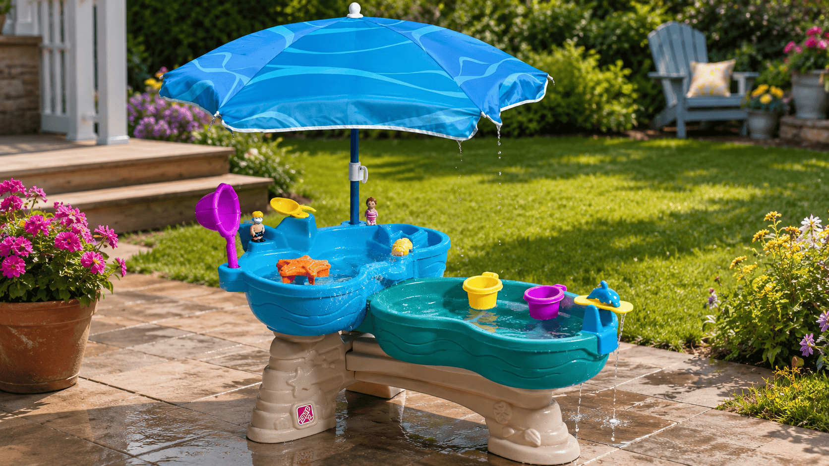 Step2 Spill & Splash Seaway Water Table for Kids set up outdoors in a sunny backyard with water, umbrella shade, and colorful play accessories