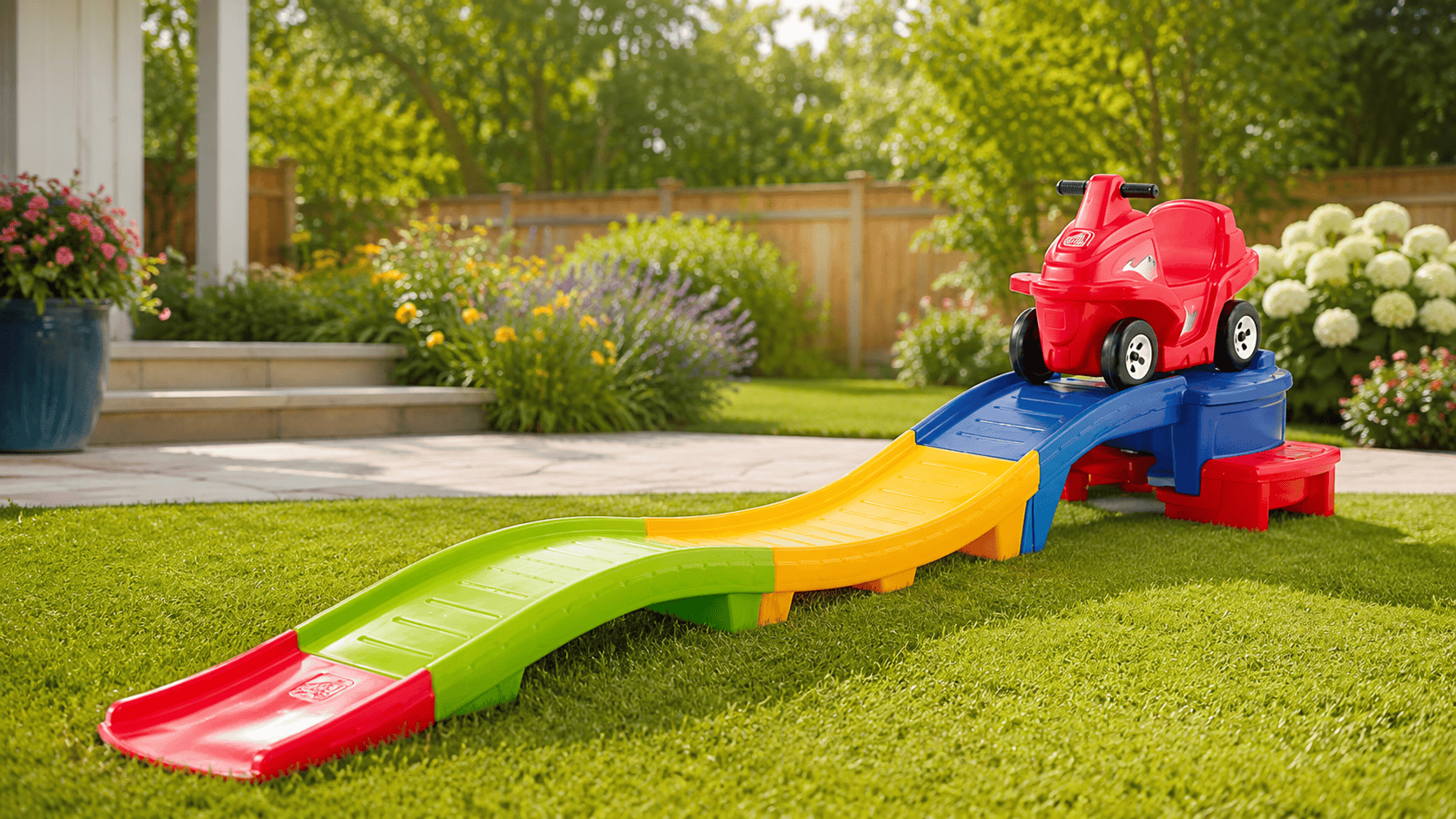 Step2 Up and Down Roller Coaster Toy for Kids with ride-on push car set up in a sunny backyard on green grass