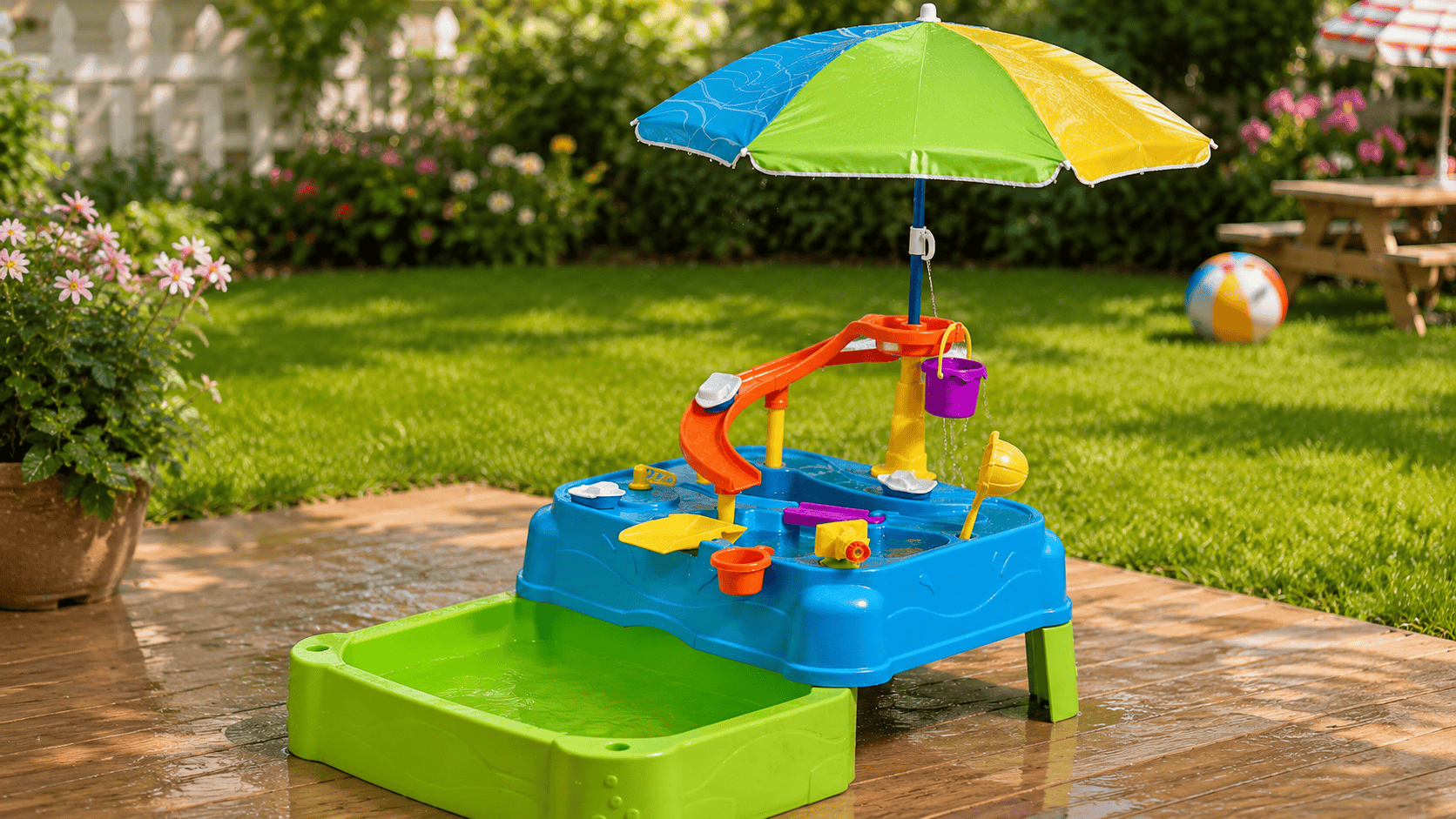 Step2 Waterpark Wonders Two Tier Water Table set up outdoors in a sunny backyard with umbrella shade and water play features