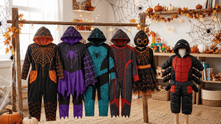 Best Spider-Man Halloween costumes for kids with generic spider-themed red, black, purple, teal, and orange Halloween outfits displayed with spider webs and pumpkins