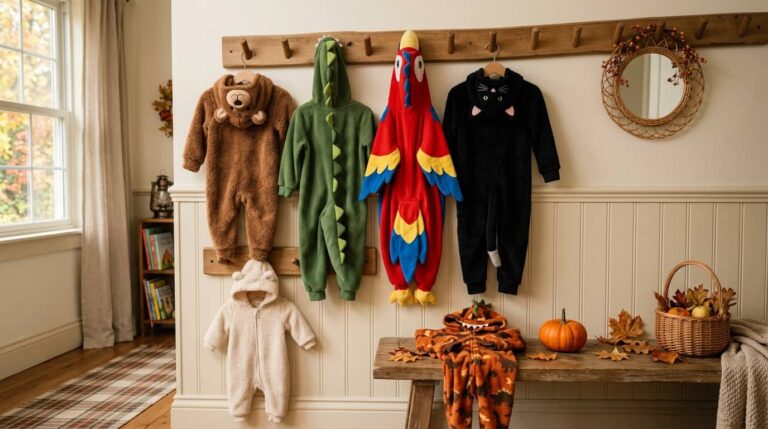 Best animal onesie Halloween costumes for kids with bear, dinosaur, parrot, black cat, and infant animal rompers displayed in a cozy fall entryway