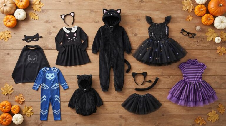 Best cat Halloween costumes for kids with black cat jumpsuits, tutu dress, cat ears and tail, blue cat character suit, and purple striped cat dress