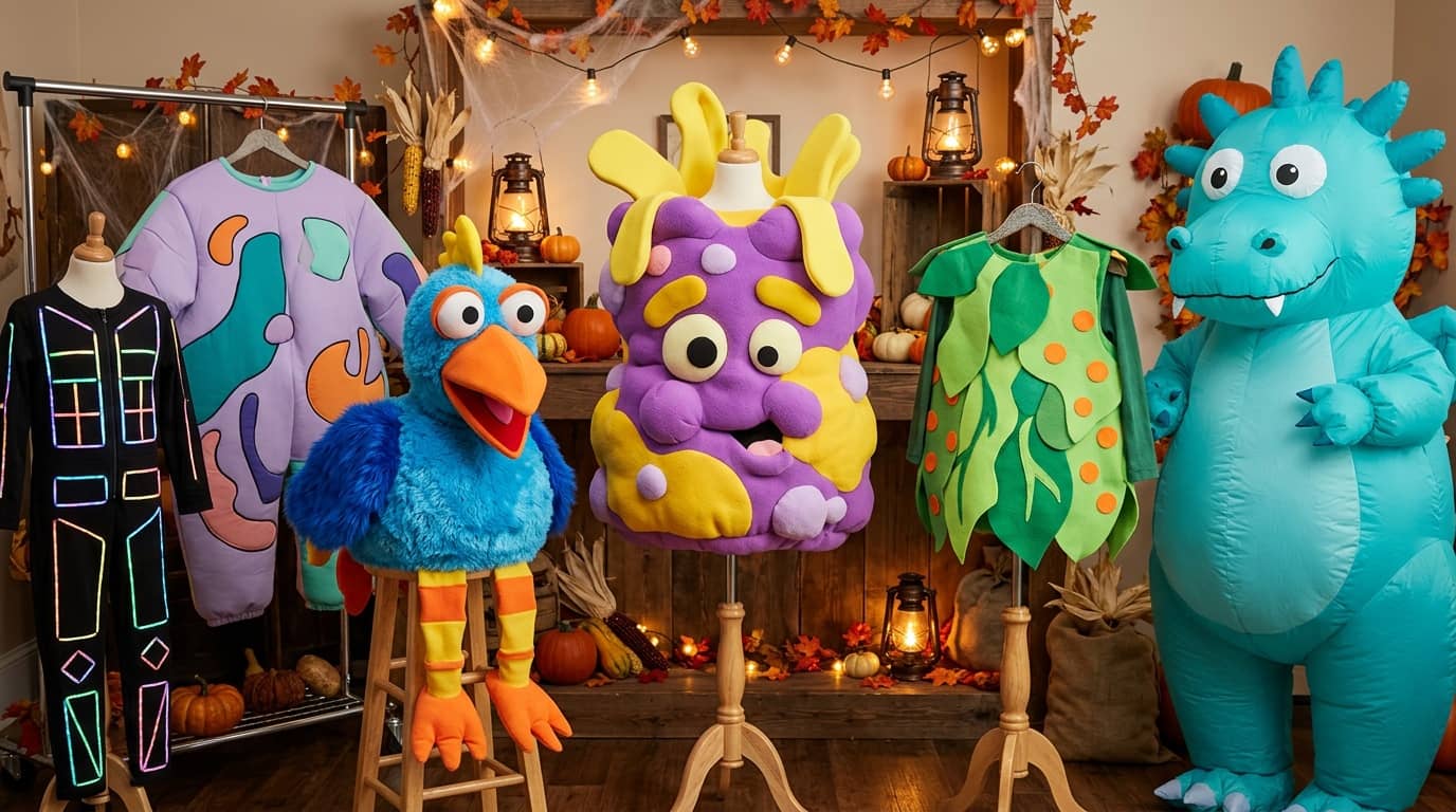 Best funny Halloween costumes for kids with colorful light-up, bird, monster, plant, and inflatable creature costumes in a decorated Halloween room