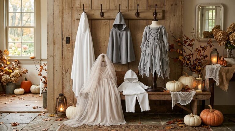 Best ghost Halloween costumes for kids with white ghost cloaks, gray ghost dress, veiled costume, and toddler ghost outfit